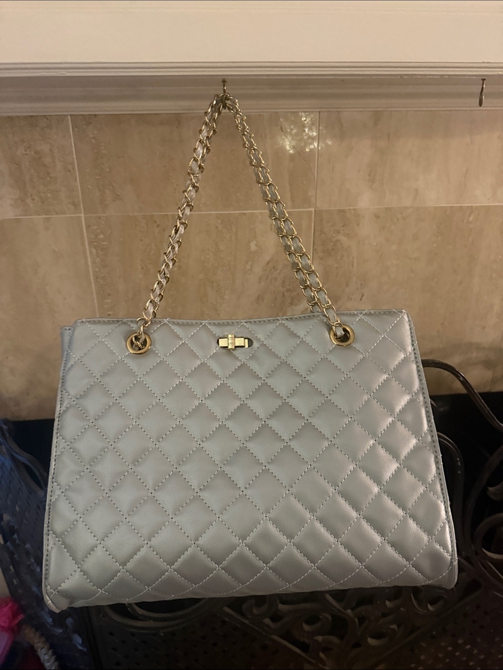 Quilted Metallic Silver Chain-Handle Women's Tote